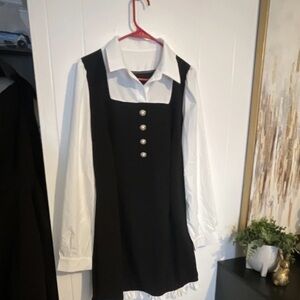 Classic Black Pinafore Dress with White Blouse